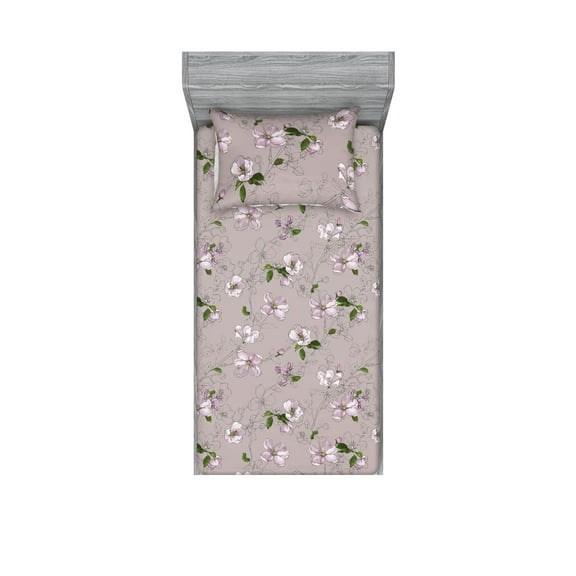 Sakura Pattern Fitted Sheet & Pillow Sham Set, Neutral Colors Boho Design of Japanese Flowers Vintage Print, Decorative Printed 2 Piece Bedding Decor, Twin, Purple Grey and Fern Green, by Ambesonne