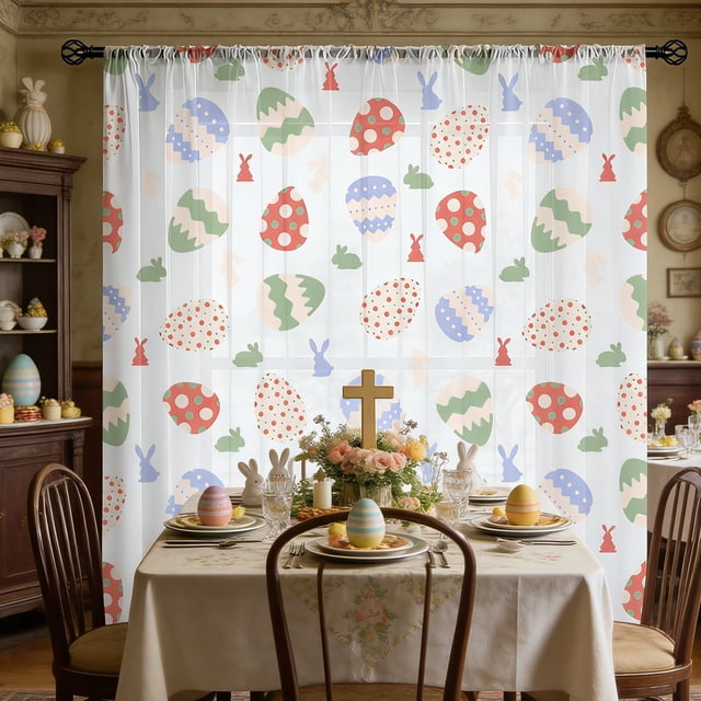Cortinas de Pascua – Cortinas translúcidas, diseño de huevos de Pascua estampados, poliéster voile semitranslúcido, multicolor, panel bolsillo de varilla, 72,04 x 51,96 in