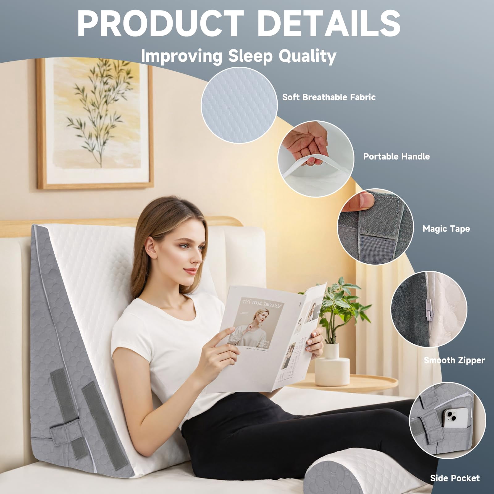 Bed Wedge Pillow For Sleeping  3 Adjustable Height 4.5&7.5&12 Inch Triangle Acid Reflux (dark Gray)