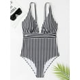 thumbnail image 2 of Hotian Women Stripe One Piece Swimsuit Plunge V Neck One Piece Bathing Suit Deep V-Neck Sexy Swimwear Black S, 2 of 7
