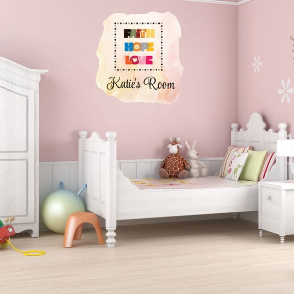 Personalized Watercolor Decal Faith Hope Love Bedroom Wall Decal for Children Multicolored Vinyl Art Pink Background Cute Custom Name Décor - Size: 9 In x 10 In