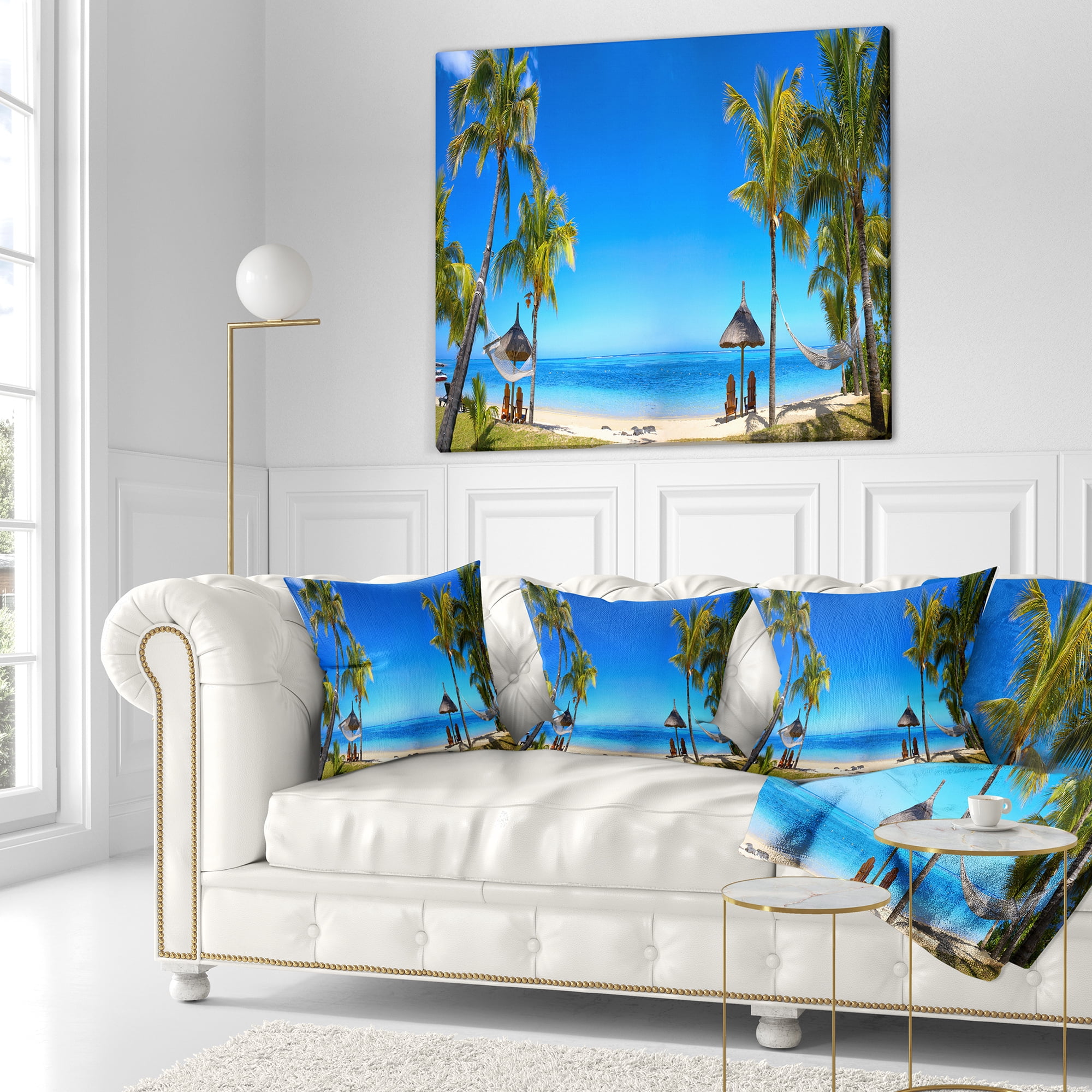 Designart Mauritius Beach with Chairs - Seashore Photo Throw Pillow - 16x16