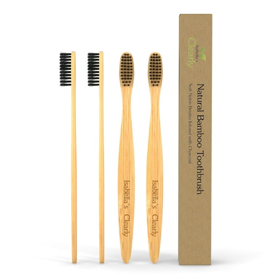 Clearly BAMBOO Wood Toothbrush | Extra Soft Charcoal Infused Bristles - BPA Free - Vegan Nylon | Teeth Whitening, Sensitive Gums, Adult and Kids (Family Pack of 4)