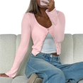 thumbnail image 2 of Cárdigan Corto de Punto Acanalado con Botones y Larga para Mujer, Estilo Y2K, Ajustado, con Cuello Redondo, Camiseta de Otoño Rosa M, 2 of 10