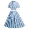 thumbnail image 3 of QUYUON Women Vintage Cocktail Dresses for Evening Party Knee Length Dress Polka Dot Printed Lapel Neck Button Down Collar Short Sleeve V-Neck Pleated A-Line Dress Style D-1491 Light Blue L, 3 of 8