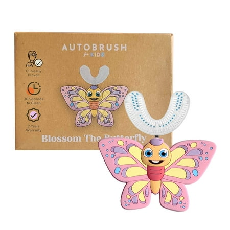 AutoBrush Manual Kids U Shaped Toothbrush with Soft Nylon Bristles (Double-Sided), Ages 6-8, Butterfly