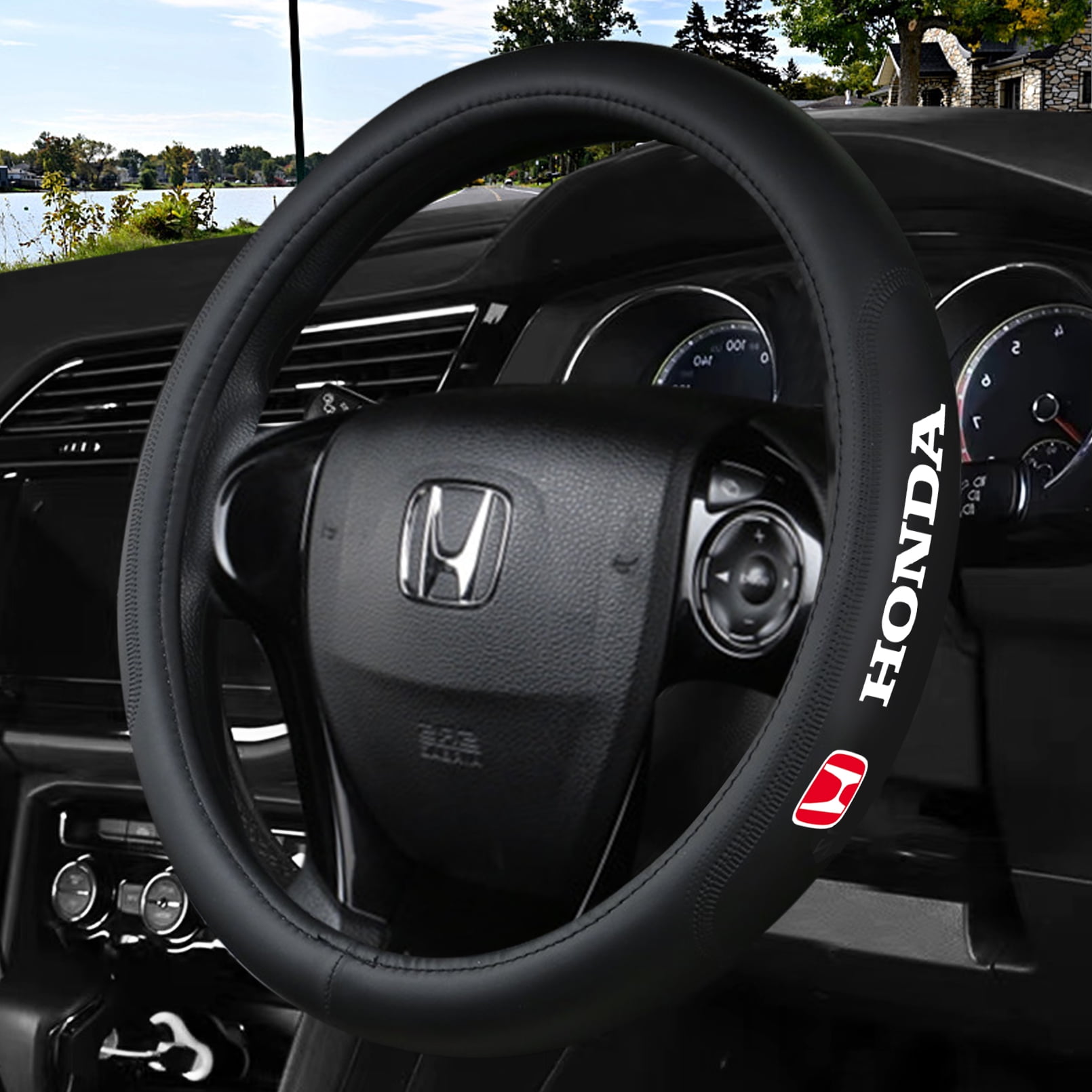 Customization Steering Wheel Cover Compatible with Honda, Black Genuine Leather Steering Wheel Cover, Anti-Slip Safety, Includes Cup Mat & 3-in-1 Charging Cable