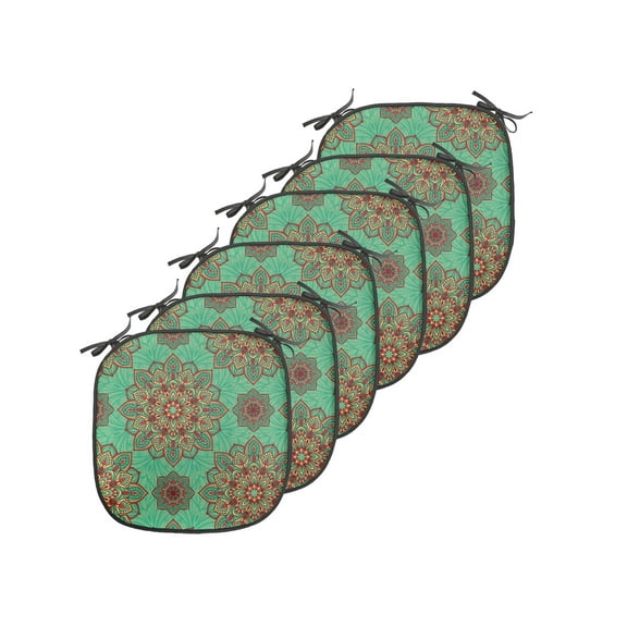 Turquoise Chair Seating Cushion Set of 6, Eastern Oriental Pattern of Mandala Traditional Geometric Art, Seat Pads for Office with Anti-slip Backing, 16"x16", Green Red Yellow, by Ambesonne