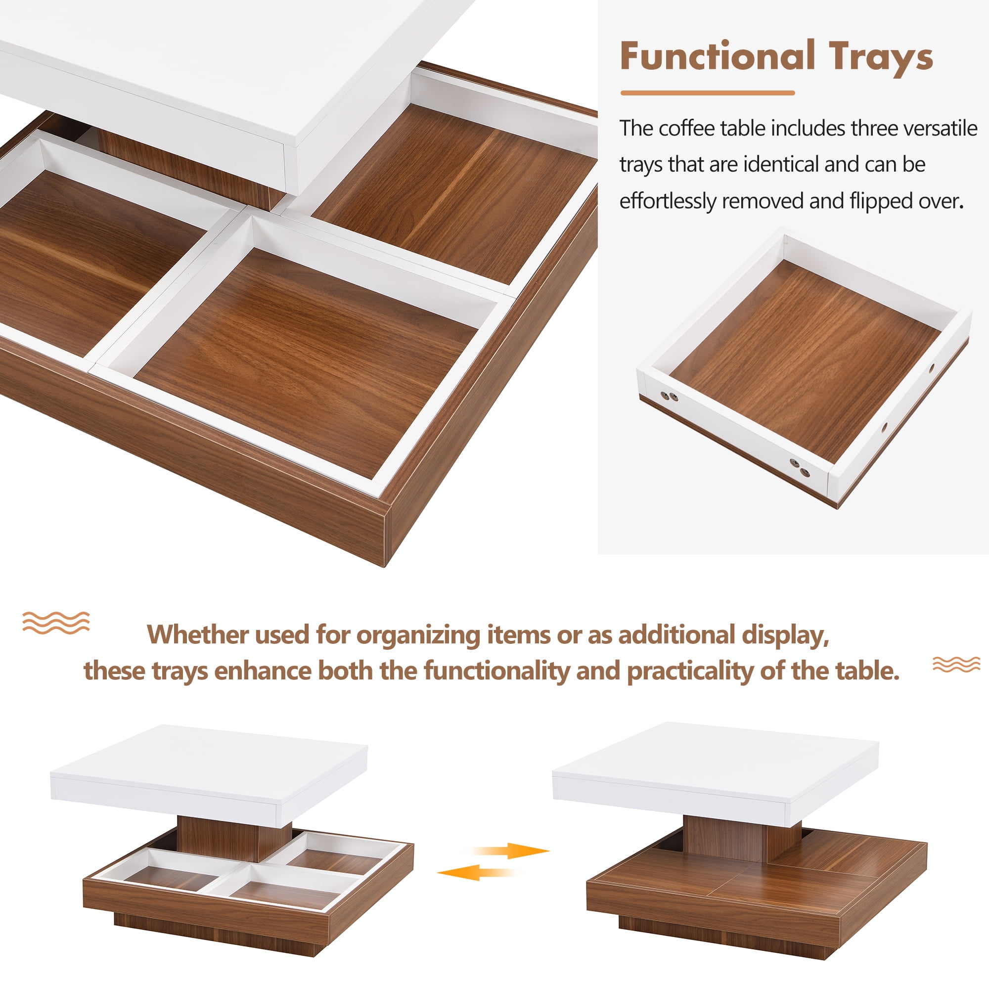 MAYEERTY Modern Square 360° Rotating Coffee Table with Three Detachable Trays, 2-Tier Farmhouse Wood Center Table with Storage for Living Room, White, 27.5*27.5in