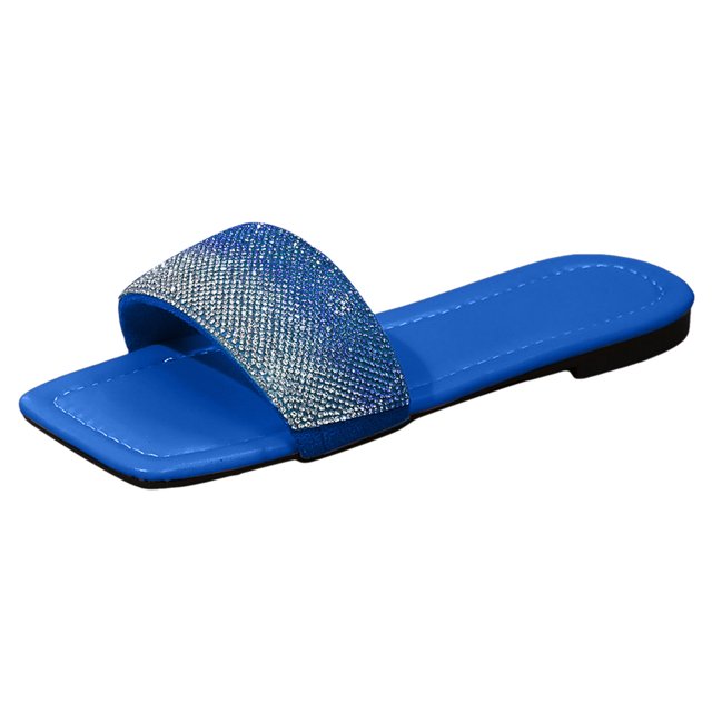 Bmisegm Women Sandals New Pattern Bright Diamond Decoration Fashion Open Toe Breathable Square Toe Comfortable Flat Bottom Summer Beach Non Slip Casual Shoes Sandals Women Summer Blue 8.5