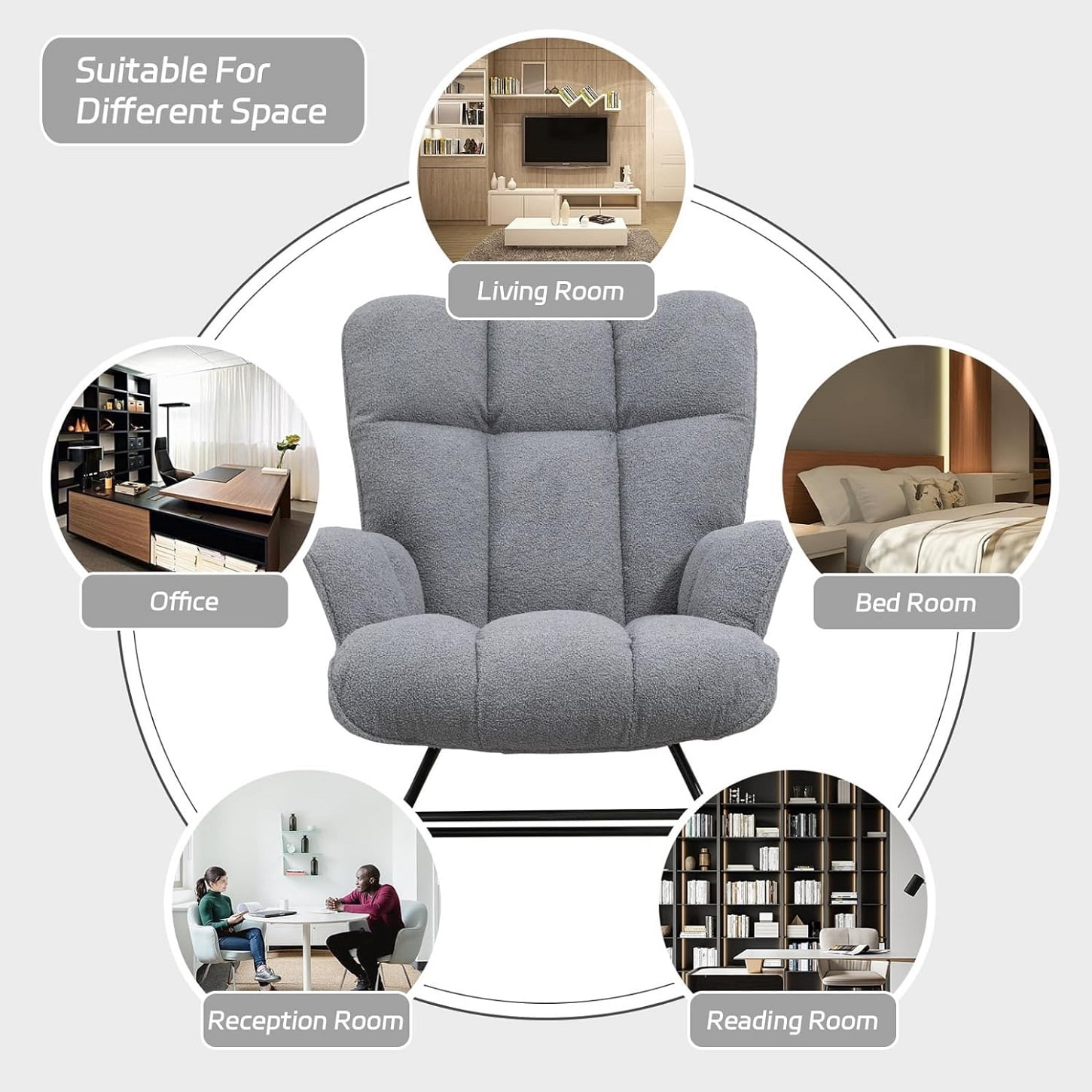 Nursery Rocking Chair Teddy, Upholstered Glider Rocker with High Backrest, Comfortable Stylish Accent Armchair with Padded Seat for Living Rooms, Bedrooms, Offices