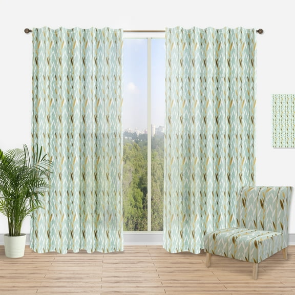 Designart Retro Golden Foliage I Mid-Century Modern Blue Abstract Rod Semi-Sheer Curtains, 50" x 120"