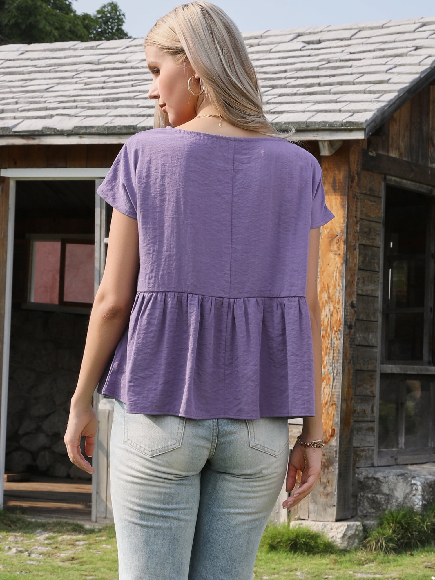 DARING DIVA Women's Short Sleeve Blouse Casual Round Neck Ruffle Flowy Top XS Purple