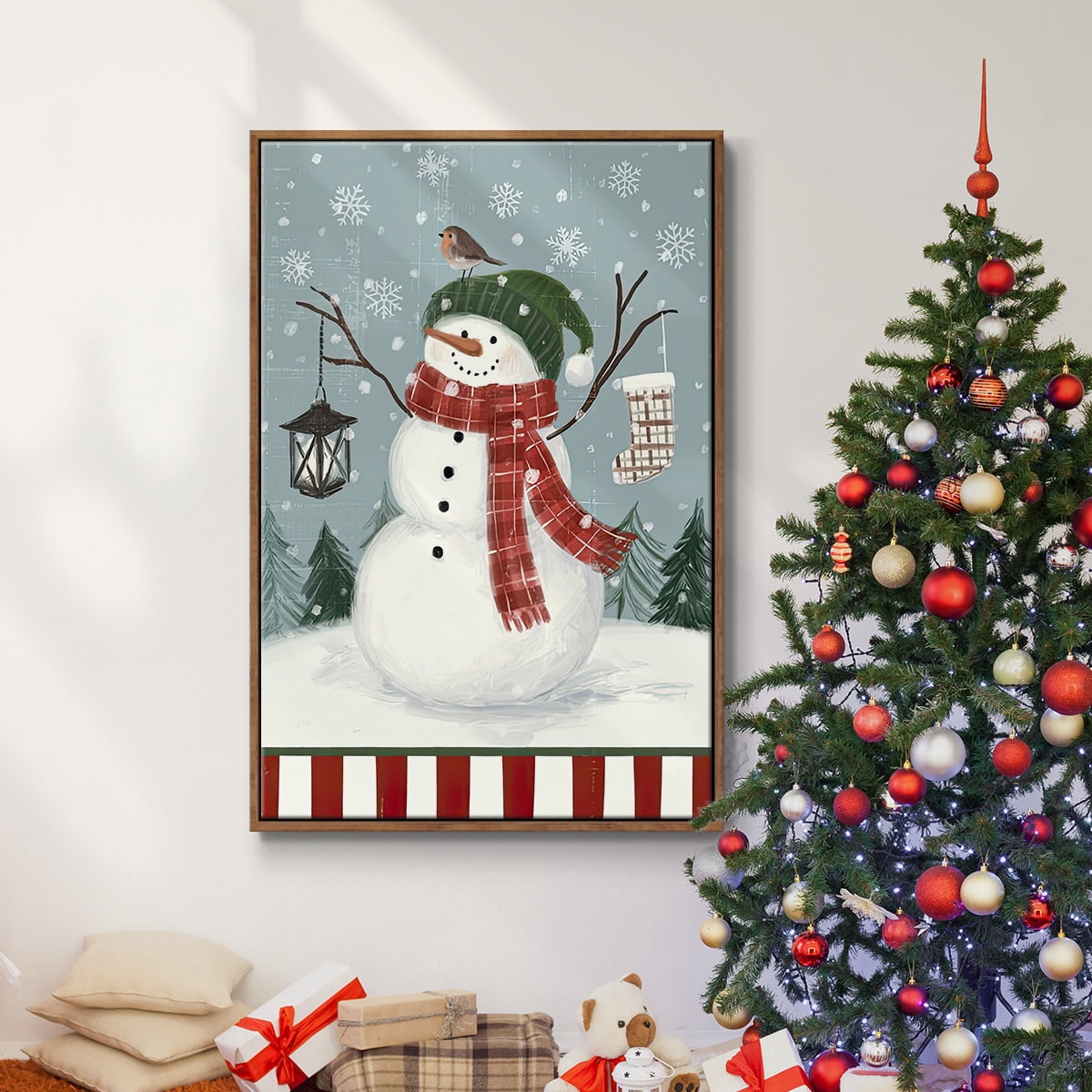 Jolly Snowman Collection B - Framed Gallery Wrapped Holiday Canvas - 17 x 25 - Rosewood Frame