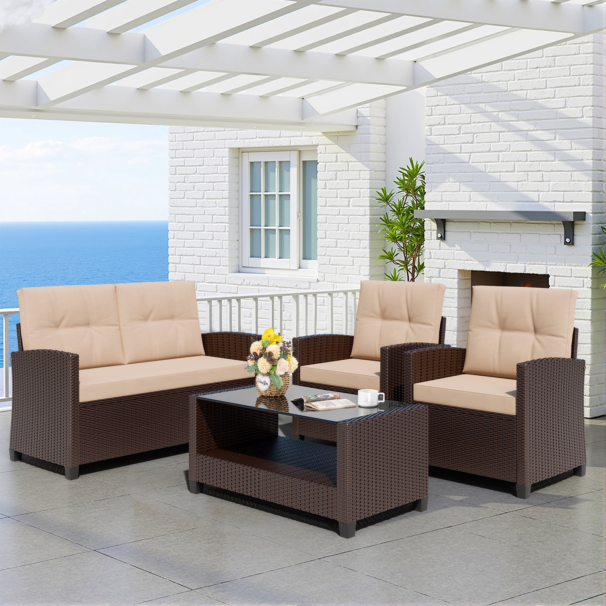 Walsunny 4 Pieces Outdoor Sectional Conversation Wicker Patio Furniture Set with Cushion Table for Backyard,Porch,Garden,Poolside Balcony,Gray