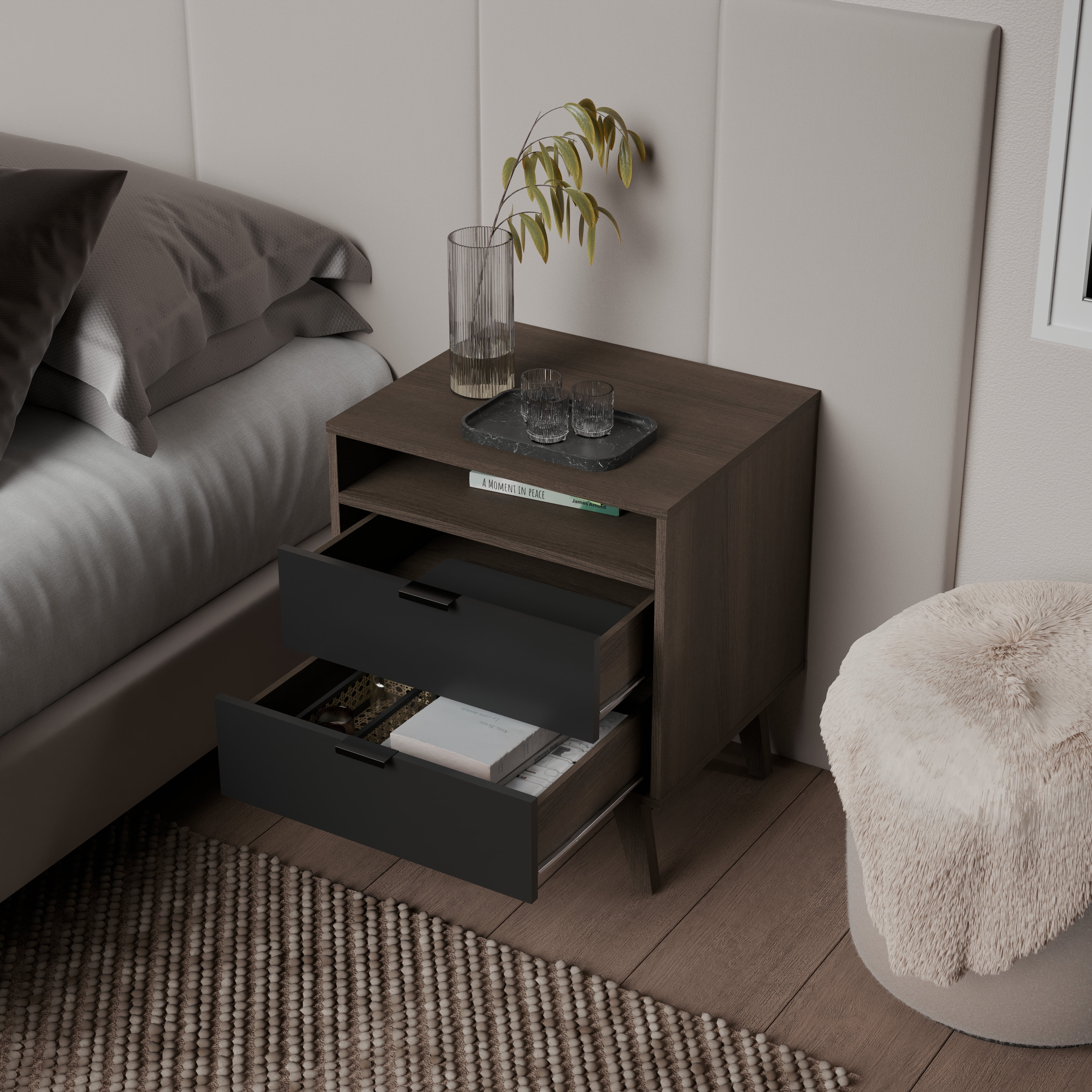 Kappesberg Hanford 2-Drawer Nightstand with Open Shelf & Cable Management, Brown/Black - for Adults and Teens