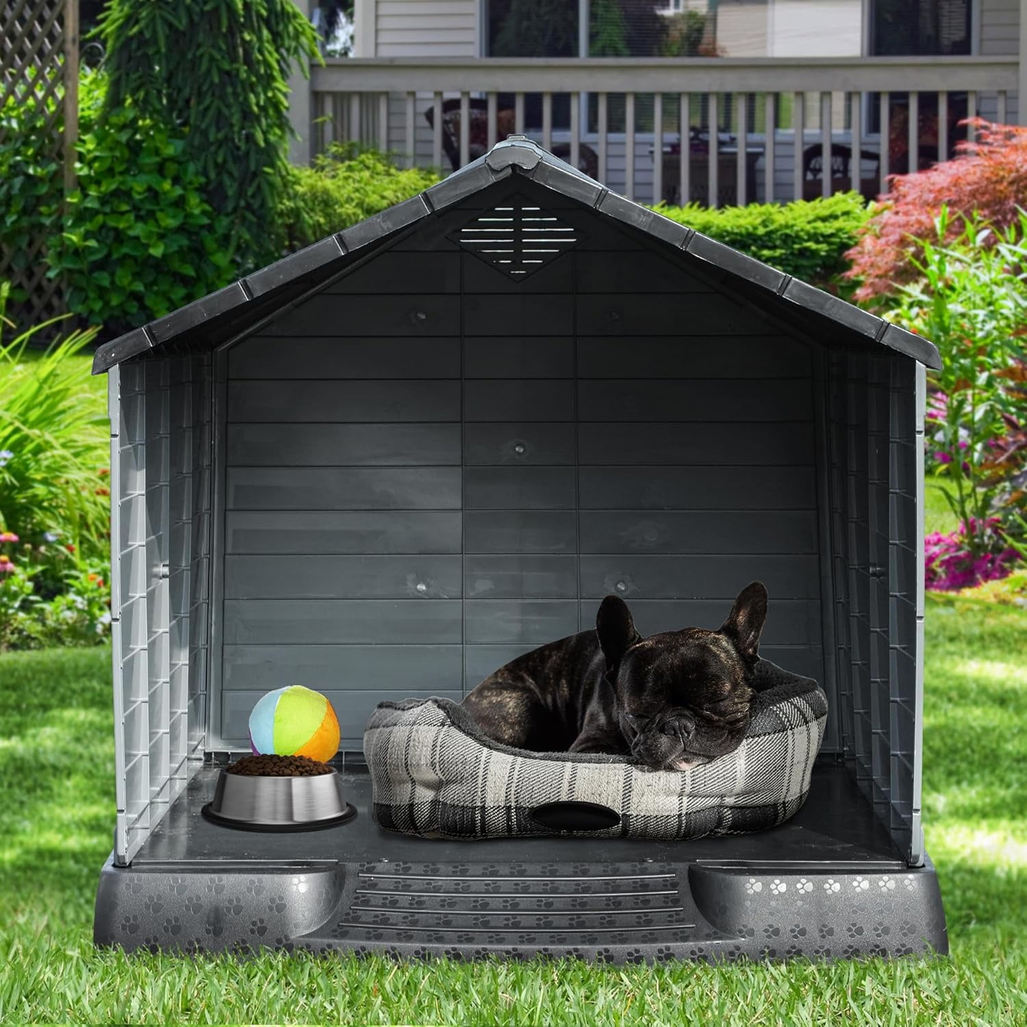 28.5'' Plastic Dog House Outdoor Indoor Doghouse Puppy Shelter Water Resistant Easy Assembly Sturdy Dog Kennel with Air Vents and Elevated Floor (28.5''L*26''W*28''H, Blue)