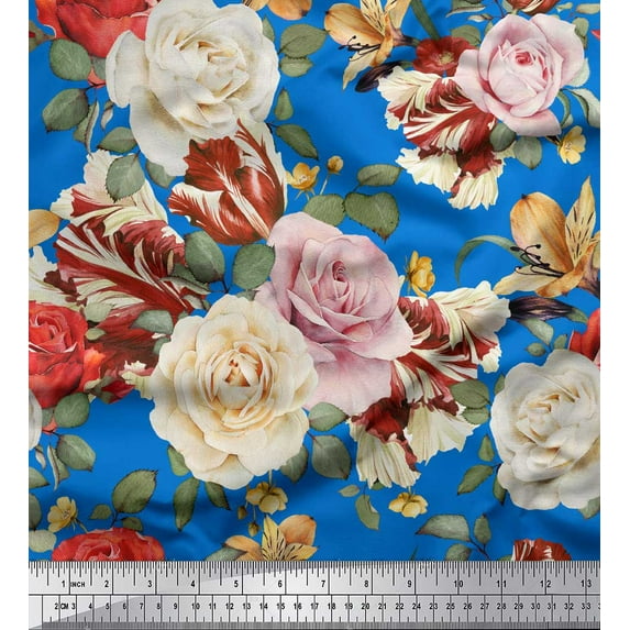 Soimoi Blue Georgette Viscose Fabric Leaves & Rose Floral Print Fabric by Yard 42 Inch Wide