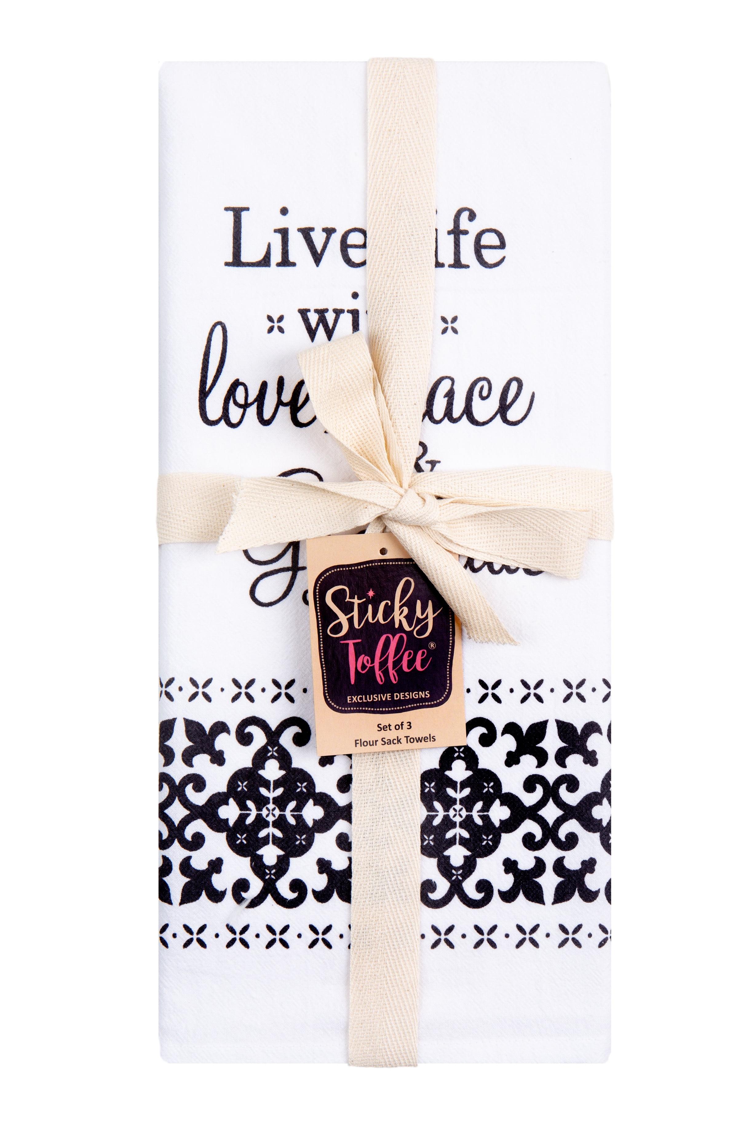 Sticky Toffee Cotton Flour Sack Kitchen Towels, Bee Prints, 3 Pack, 28 x 29