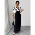 thumbnail image 3 of Elegant Black Colorblock Bat Sleeve V-Neck Floral Print Fitted Maxi Dress, 3 of 6