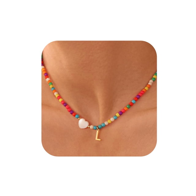 Collar: Gargantilla en forma de corazón con iniciales de ursteel, 14+2 pulgadas