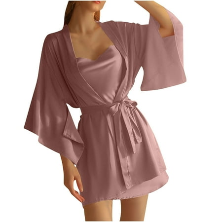 POIUYTR Satin Babydoll Nightdress for Women - Spaghetti Strap Backless Short Dress with Bathrobe Set Valentines Gift for Her  Bridal Set Accessories