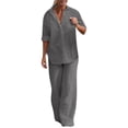 thumbnail image 2 of Women Sets 2 Piece Outfits Fashion Round Neck Solid Long Sleeve Blouse +Loose Pockets Pants Sets Up to 65% off, 2 of 4