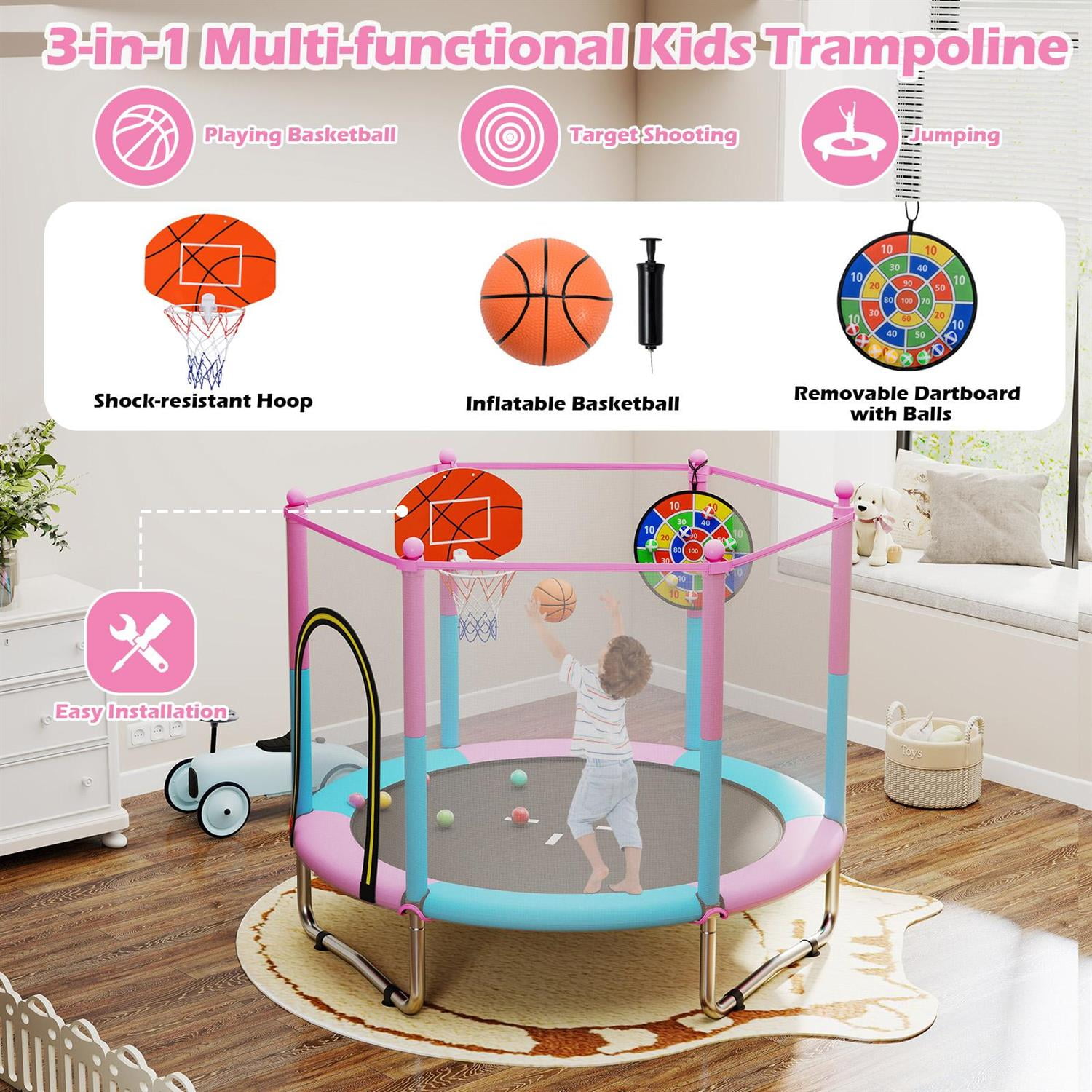 Spaco 60-Inch Toddler Trampoline, Anti-Slip Suction Cups, No-Gap Safety Construction, Integrated Basketball Hoop, Multicolor