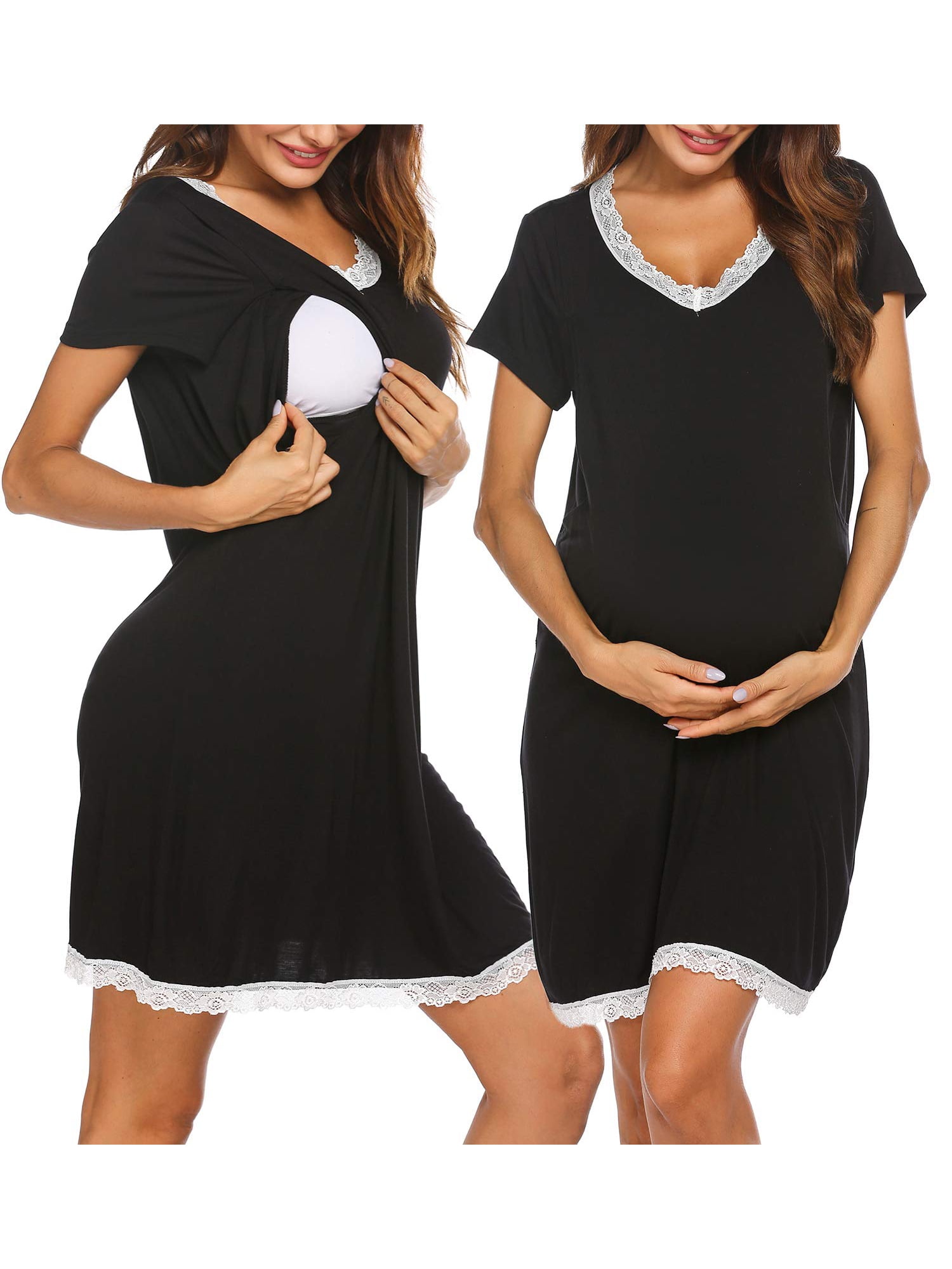 Marvmys Maternity Nightdress For Hospital Breastfeeding Nightwear 3/4  Length Sleeves Nursing Nightgown Button Down Sleep Shirt V Neck Pajama Soft  Loungwear For Pregnant Women A-black XXL