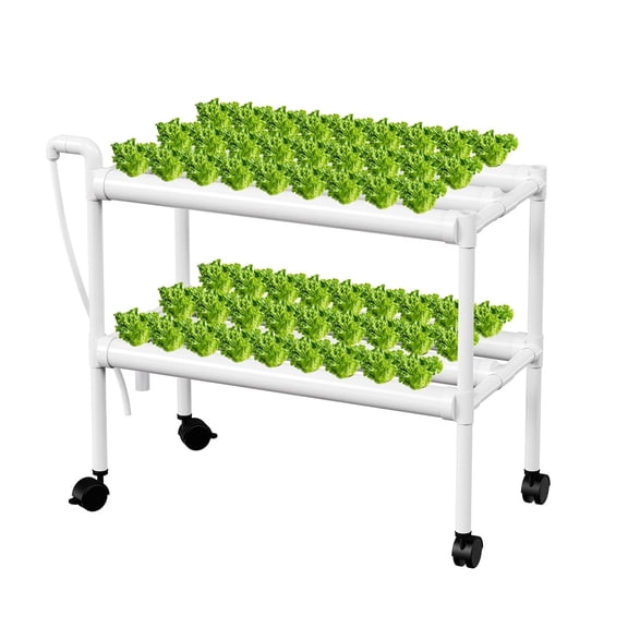 Hydroponics Aquaponics Tower Kit with Wheels, 2 Layers 8 Food-Grade PVC, 54 Plant Sites, Pump and Timer, for Leafy Veg, 35"x14"x33"