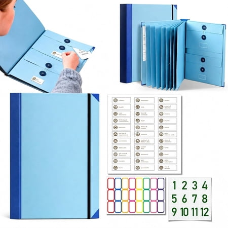 Blue Expanding File Folder Organizer with 10 Pockets Envelopes, 26.6x32.6cm Acid-Free Paper Accordion Document Organizer for A4 Receipts Coupons Bill, Blue Two-Tone Premium Home Office File Bag