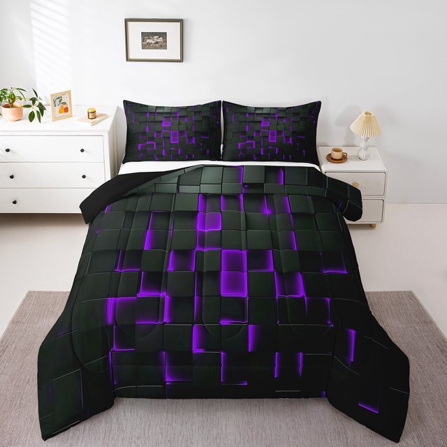 Erosebridal Purple Check Comforter Sets,Geometric Plaid Comforters & Duvets,Futuristic Cubes Bedding Comforter Set,Microfiber Grid Room Decor,Reversible,2pcs