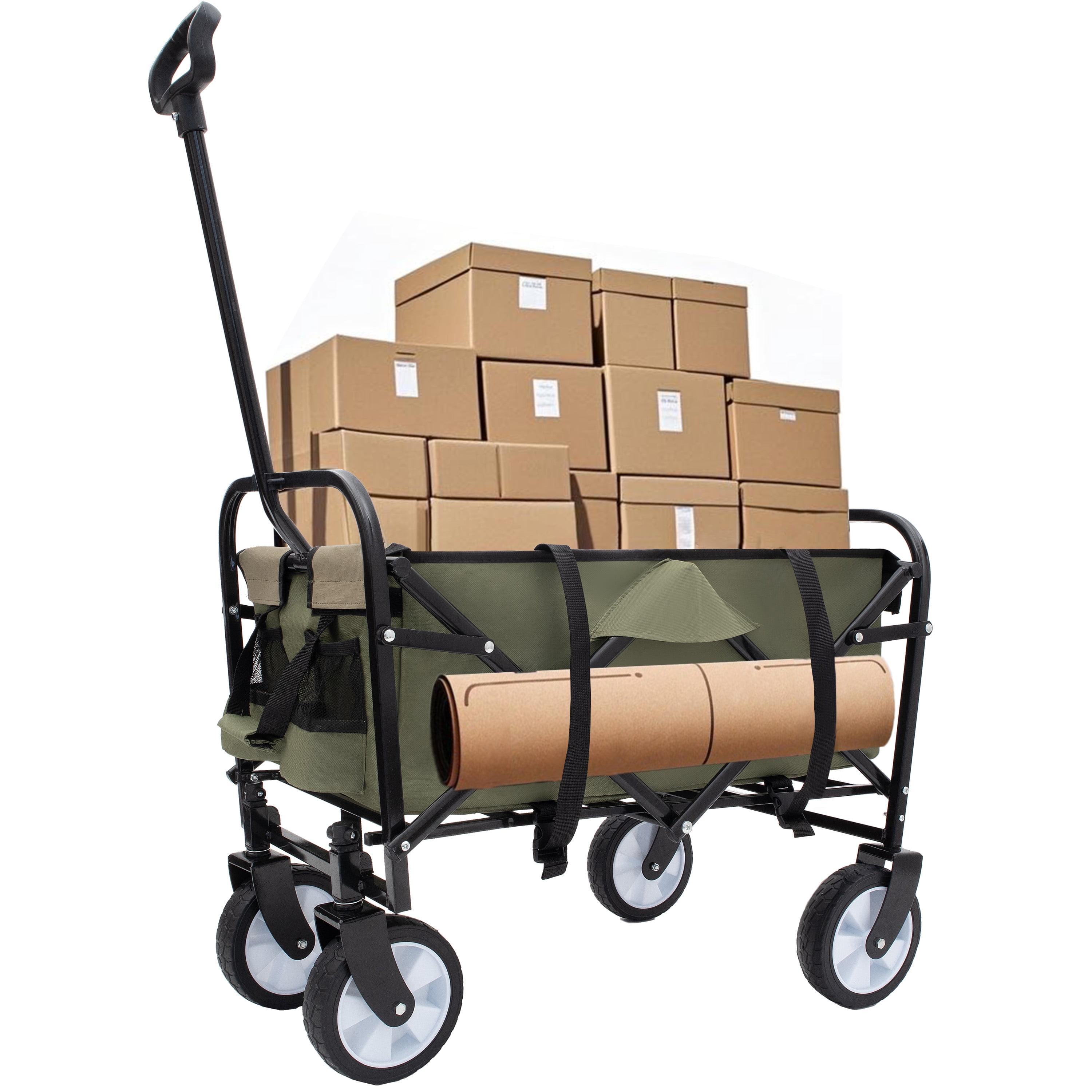 Yoneston 225LBS Collapsible Wagon Cart, Portable Heavy Duty Utility Wagon with 3pcs Plastic Liner Cover Bag for Camping, Picinc, Shopping, Beach, Grocery Transport, Green