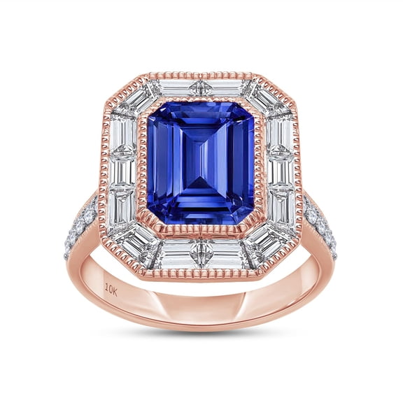 AFFY Vintage Halo Solitaire Engagement Rings for Women, Center 9.5x7mm Lab Grown Blue Sapphire With Lab Grown Diamond Wedding Ring In 10K Solid Rose Gold (4.75 Cttw) Ring Size-4