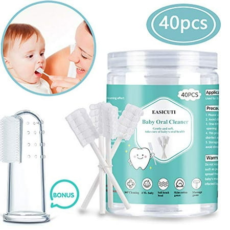 Baby Toothbrush, Baby Tongue Cleaner, 40Pcs Disposable Infant Toothbrush Clean Baby Mouth, Gauze Toothbrush Infant Oral Cleaning Stick Dental Care for 0-36 Month Baby + Free 1Pcs Finger Toothbrush