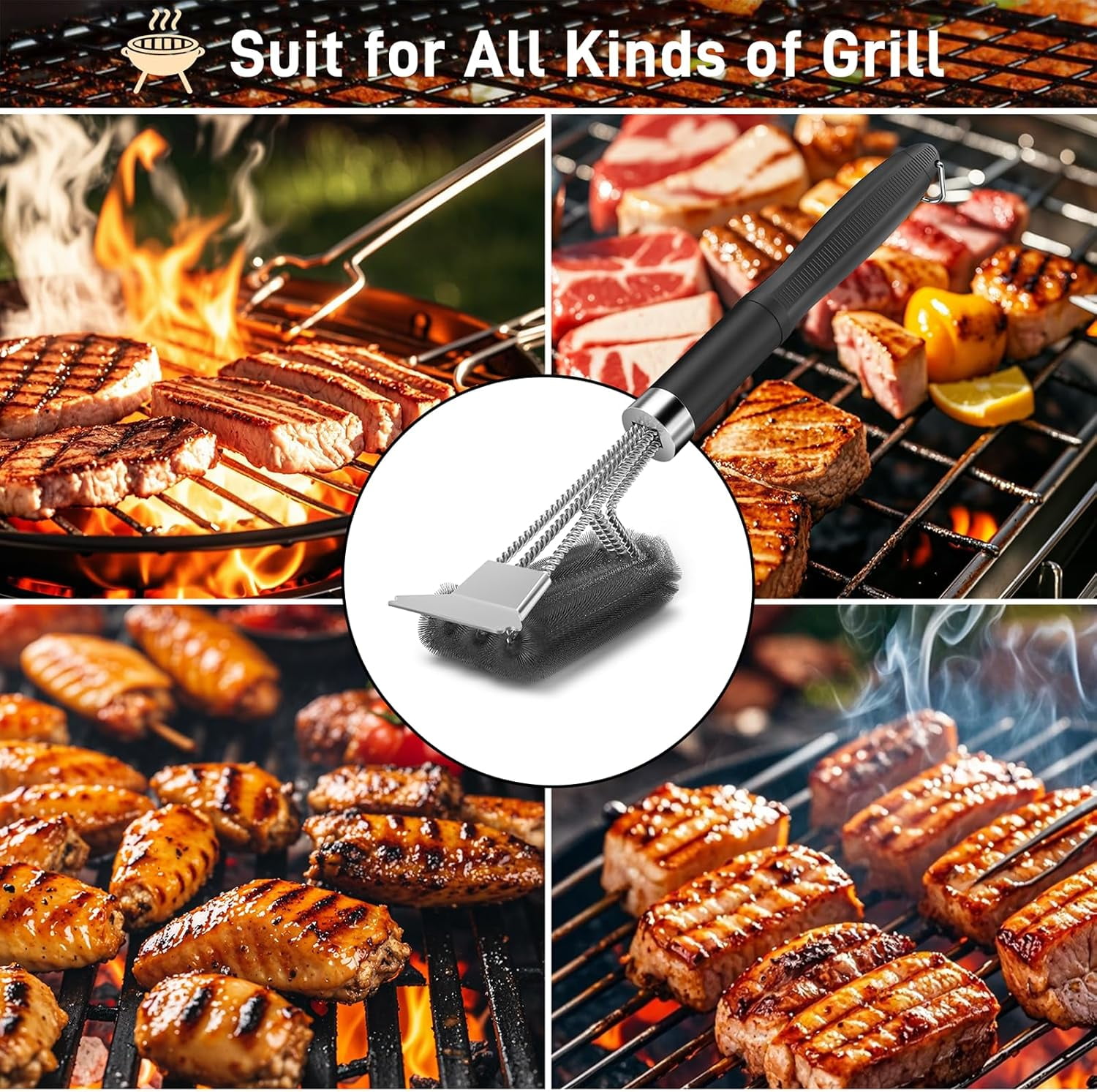 Grill Brush and Scraper 18 Inch Adjustable Handle BBQ Cleaning Brush with Bottle Opener Extra Strong Grill Cleaner for Gas and Charcoal Grill Grates Outdoor Grill Accessories