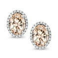 thumbnail image 2 of Gem Stone King 10K White Gold Peach Morganite and White Diamond Halo Stud Earrings for Women | 1.64 Cttw | Gemstone October Birthstone | Oval 7X5MM, 2 of 5