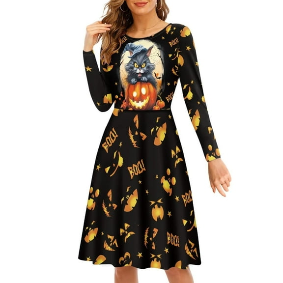 FKELYI Halloween Cat Women Dress Size L Polyester Pumpkin Round Neck Swing Twirl Skater Dress Comfortable Women's Wear to Work Dresses Midi
