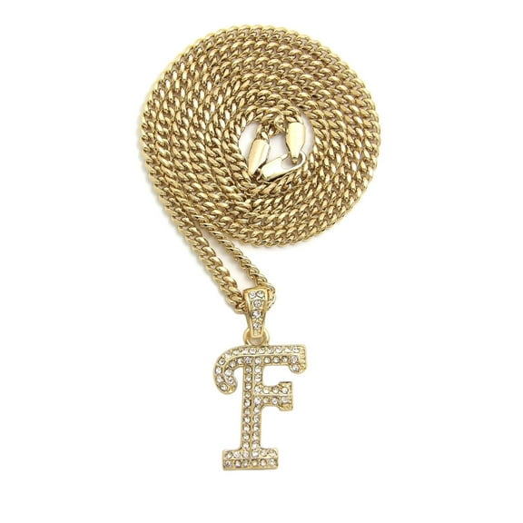 Unique Fashion 21 Unisex Stone Filled Initial Alphabet Letter F Pendant 3mm 24" Cuban Chain Necklace