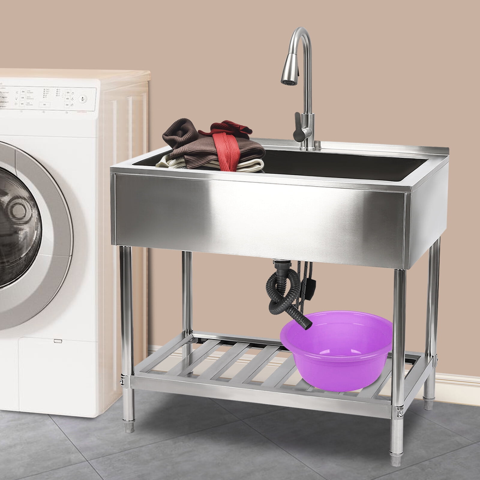 Stainless Steel Utility Sink, Freestanding Single Bowl Laundry Sink with Hot and Cold Pull-Out Faucet, Adjustable Feet & Storage Shelf for Kitchen Laundry Room Restaurant, 36" x 22" x 34"