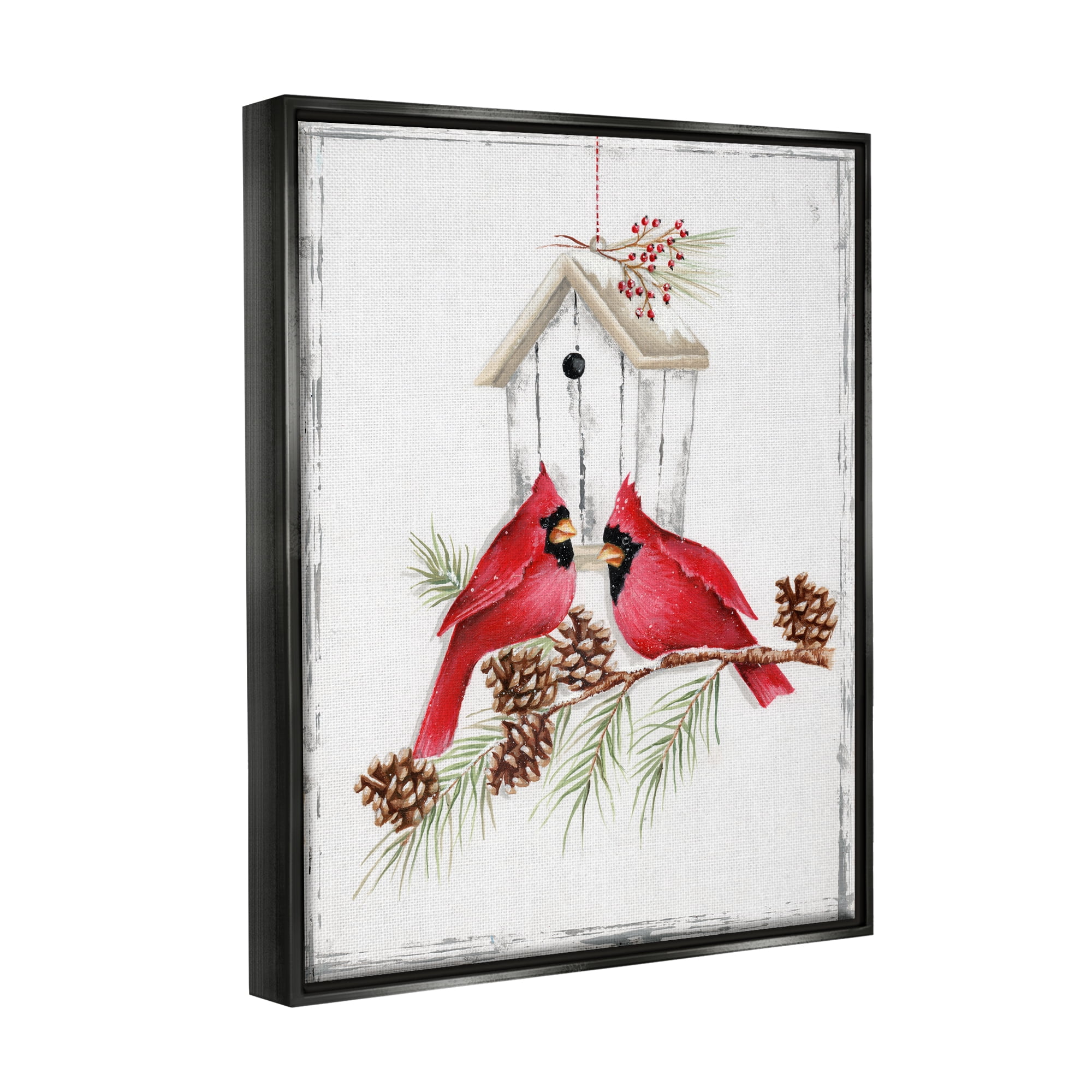 Stupell Industries Cardinals & Snowy Birdhouse Animals & Insects Painting Black Floater Framed Canvas Art Print Wall Art, 17 x 21