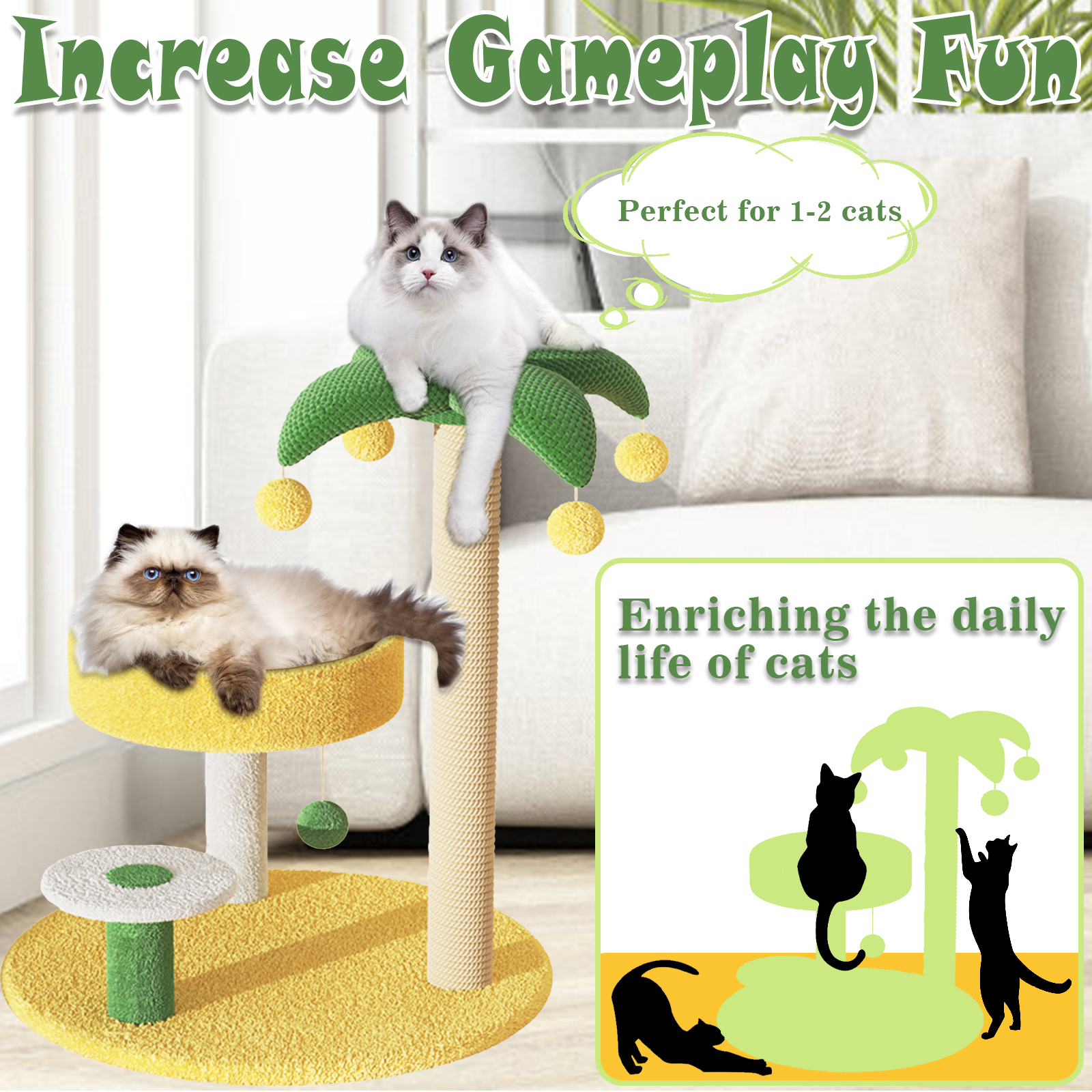 VIVBOO Cat Tree 27.6 inch Tower for Indoor Cats Yellow Green Coconut Cat Scratching Post.
