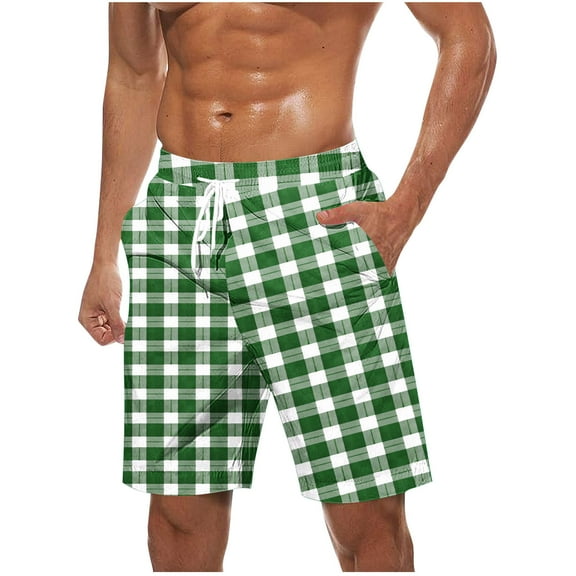 ZCFZJW Mens Plaid Swim Trunks Lightweight Casual Drawstring Elastic Waist Swim Shorts Quick Dry Mens Swimsuit Board Shorts with Pockets Army Green XXL