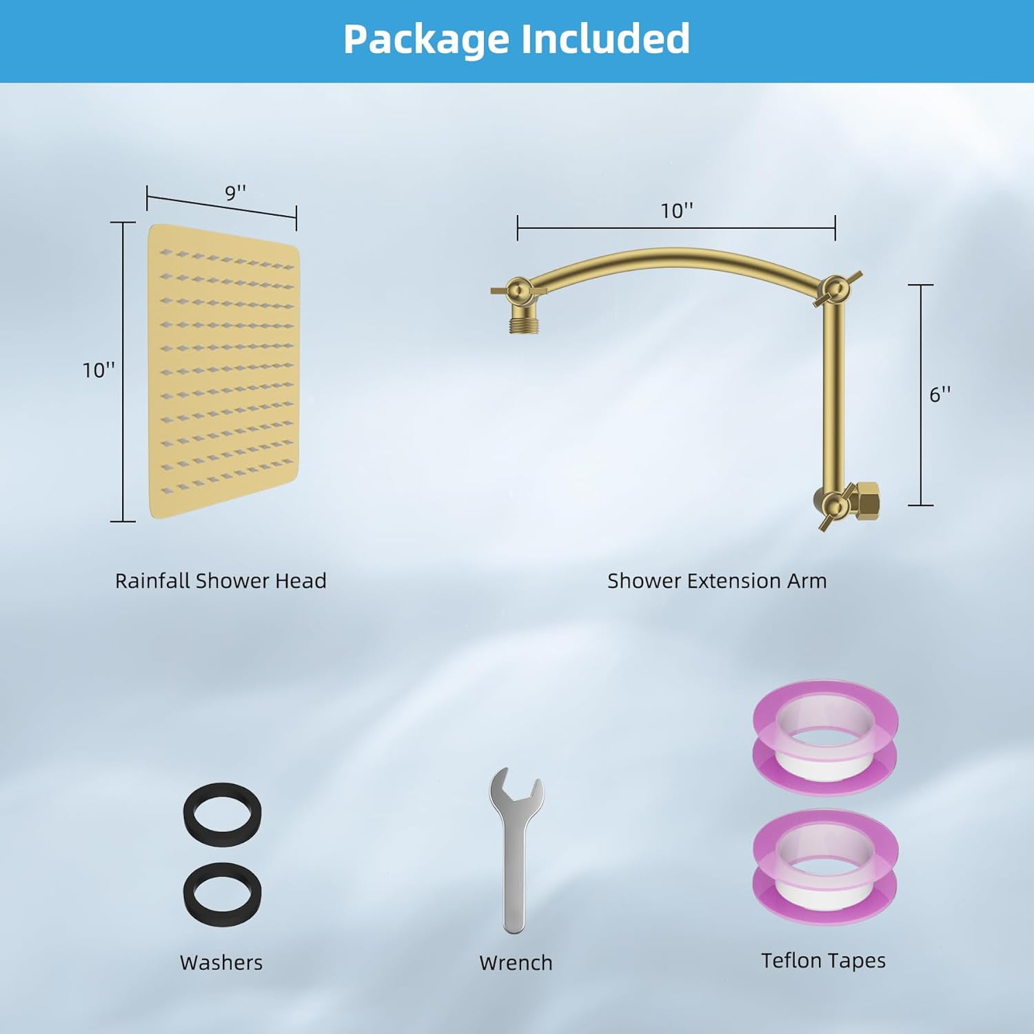 All Metal cUPC Certified Rain Shower Head, 10'' High Pressure Rainfall Showerhead with 16" Shower Head Extension Arm, Brass Adjustable Shower Arm Extender, Fixed Showerheads, Brushed Gold
