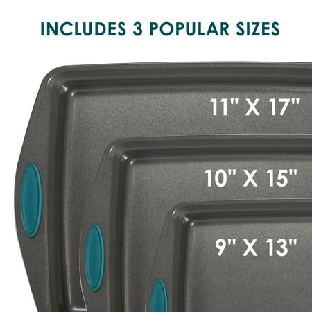 Rachael Ray - 3-Piece Nonstick Bakeware Cookie Pan Set with Silicone Grips - Gray with Marine Blue Grips