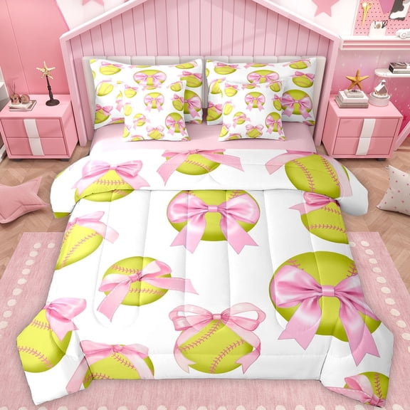 Feelyou Princess Pink Bow-tie Bedding Comforter Set 7 Pieces for Teens, Cartoon Softball Print Full Bedding Set, Cute Ball Print Reversible Fitted Sheet Flat Sheet, Ultra Soft Bedroom Decor