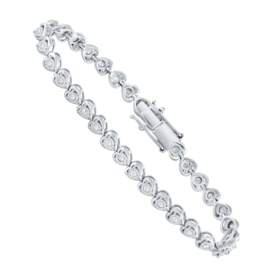 Sterling Silver Womens Round Diamond Heart Tennis Bracelet 1 Cttw