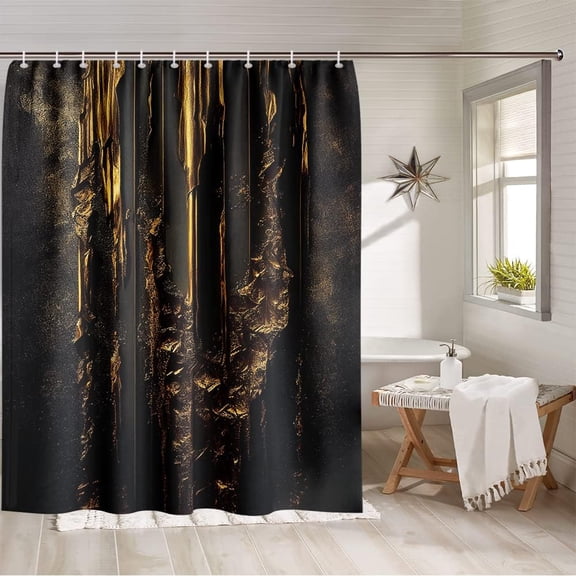 Black and Gold Shower Curtain Set Shabby Metal Abstract Shower Curtains Baroque Style Black Backdrop Bath Curtain Gothic Bathroom Curtain Fabric Waterproof with Hooks-36"W x 72"L (Pack of 1)