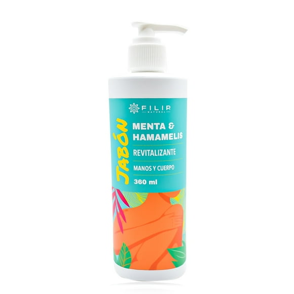 FILIP NATURAL, Jabón De Menta Y Hamamelis Para Manos Y Cuerpo, Auxiliar En Piernas Cansadas, Piernas Con Varices, Moretones, Promueve La Circulación, Revitalizante, Hidratante, 360ml.