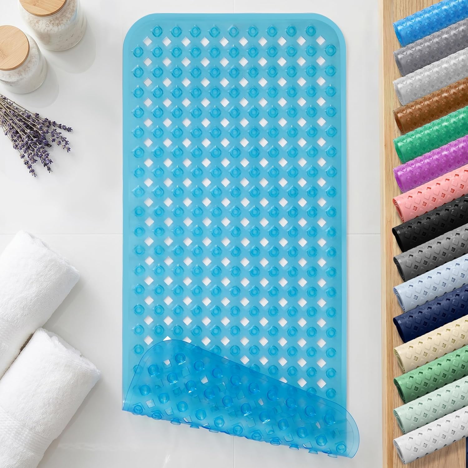Bathtub Mat Non Slip, 35"X16" Shower Mat with Strong Suction Cups & Drain Holes, Long Anti Slip Bath Tub Mat for Inside Shower, Machine Washable Fast Drying, Bathroom Essentials, Clear Blue